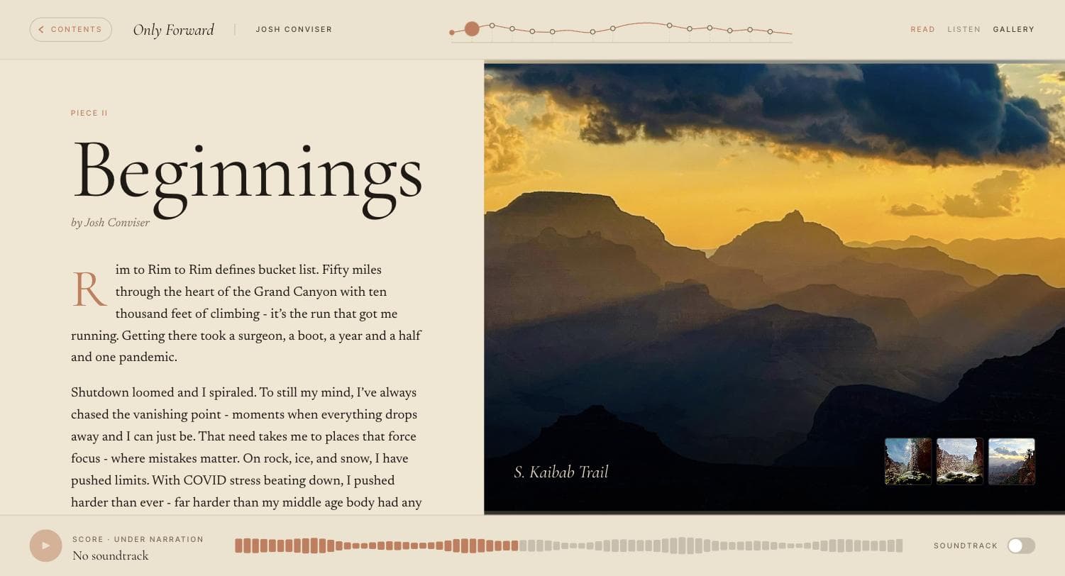 Only Forward app — reading view of the piece Beginnings, with narration controls and gallery